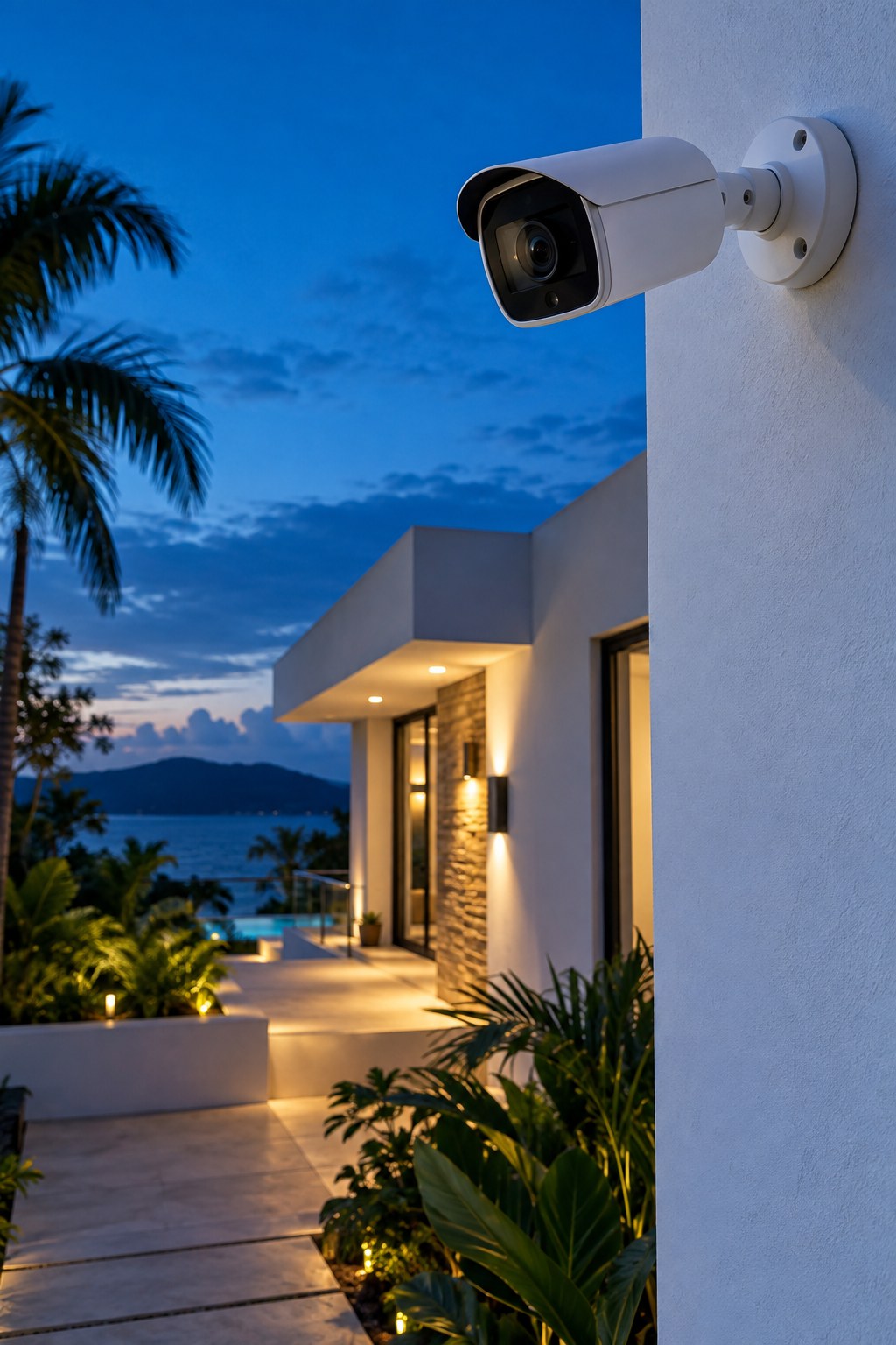 Imagen ilustrativa de una cámara de seguridad en una casa con iluminación exterior